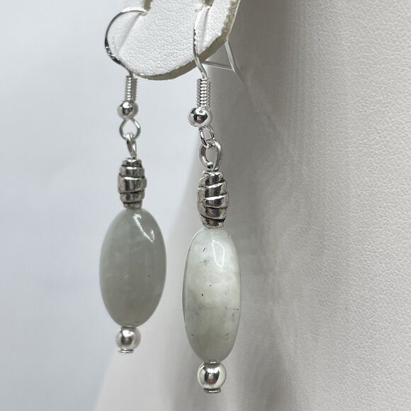 Artisan Silver Plated Light Gray Jade Stone Beaded Dangle Earrings Boho Cute - Picture 3 of 7
